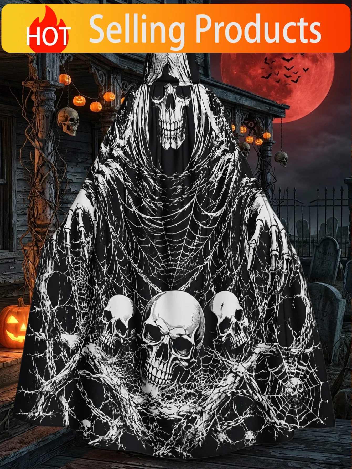 1pc, Polyester Costume Robe with Gothic Grim Reaper with Skulls Elements, Hooded Adult Cape for Halloween Fantasy Characters And