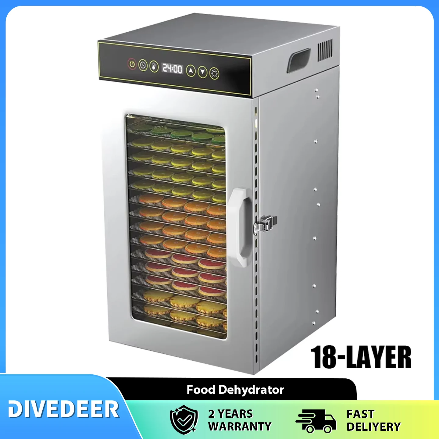 Deshidratador de Alimentos de Acero Inoxidable DIVEDEER de 6-18 Capas con Control de Temperatura Ajustable (30~90°C) ° C) para Frutas, Verduras y Carne