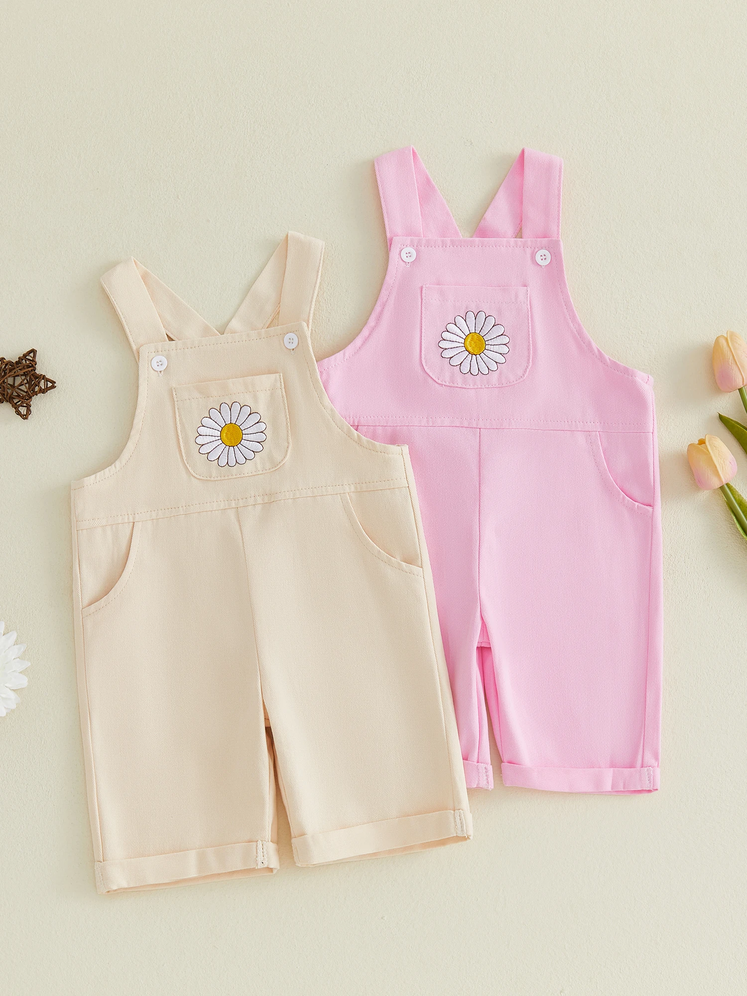 

Cute Infant Girls Floral Embroidered Sleeveless Denim Jumpsuit with Square Neckline for Stylish Summer Outfit at Parties and