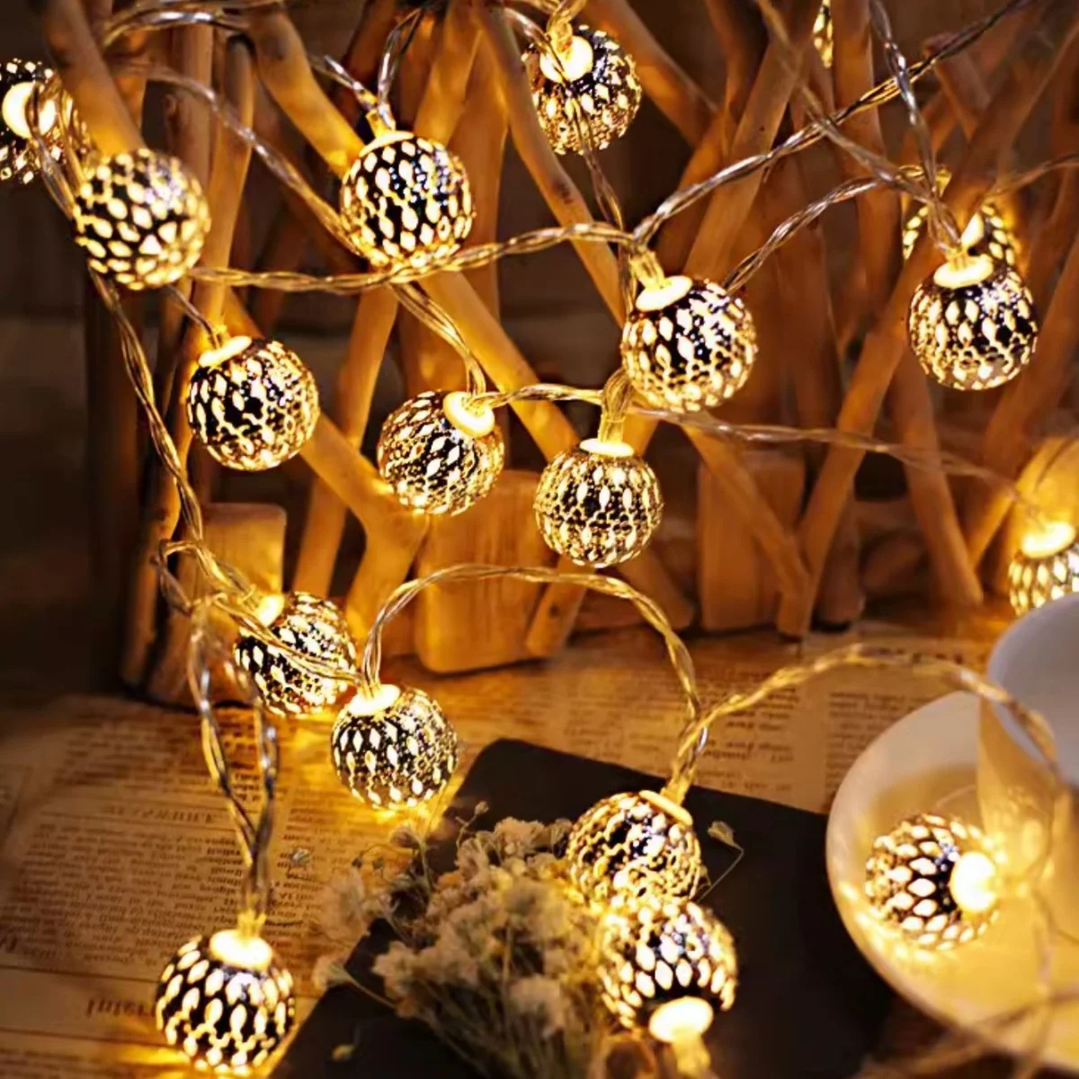 Iron Moroccan Ball Light String Ramadan Atmosphere Decoration LED Light String Cabinet Courtyard Decoration Hollow Ball