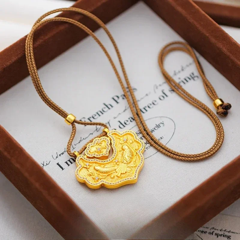 NovaGlod Luxury 9999 24K real gold ancient method micro-intact diamond ruyi lock bag pendant women's new Chinese-style rope neck
