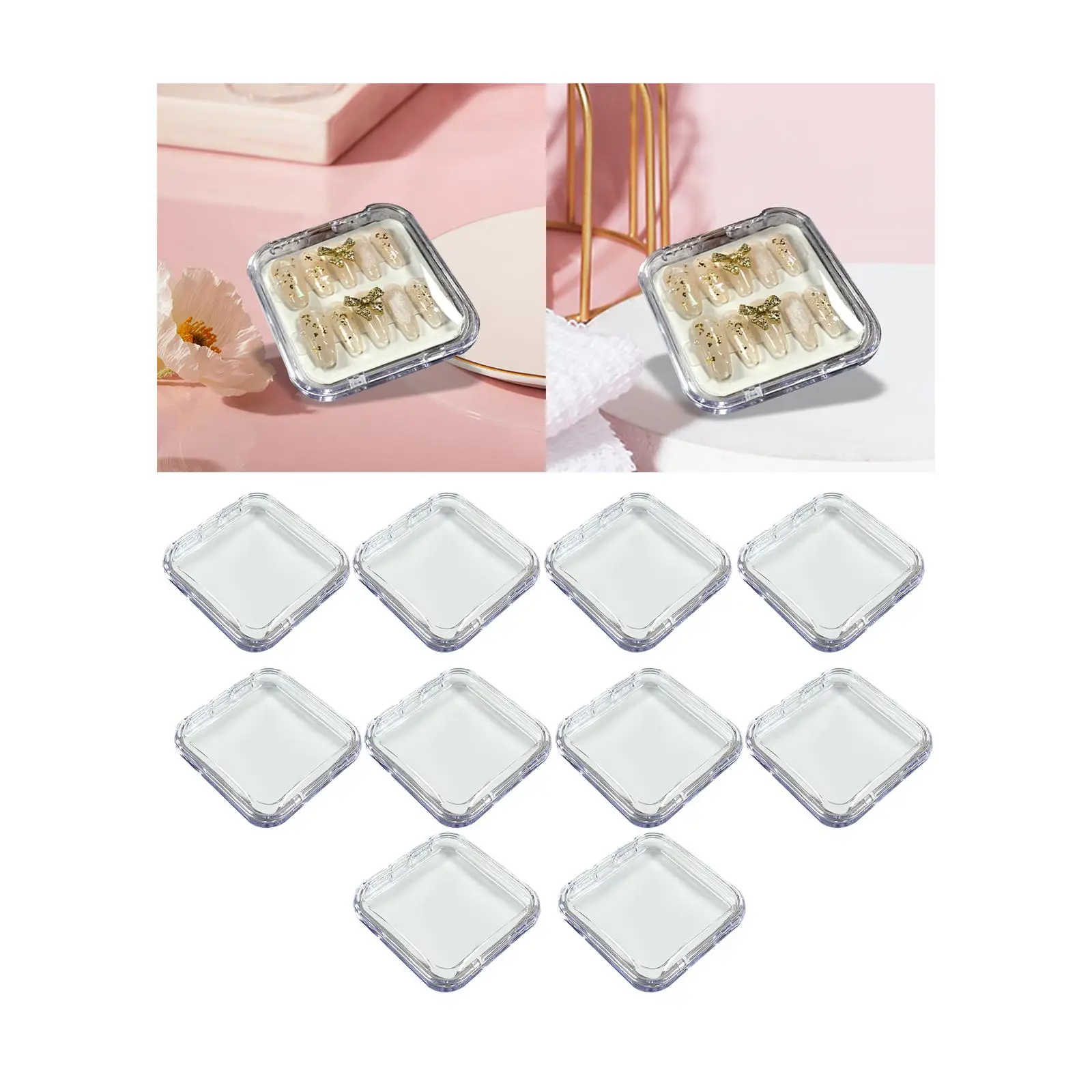 Caixa De Armazenamento De Plástico Transparente Para Unhas Falsas, Flip Square Case, Pequena Embalagem De Exibição De Jóias, Branco E Preto, Atacado, 10PCs