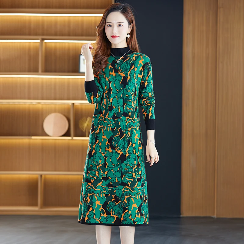 

2023 New Fashion Knitted Dress Women's Autumn And Winter Vintage Half High Neck Long Sleeve Loose Fit Casual Warm Vestidos