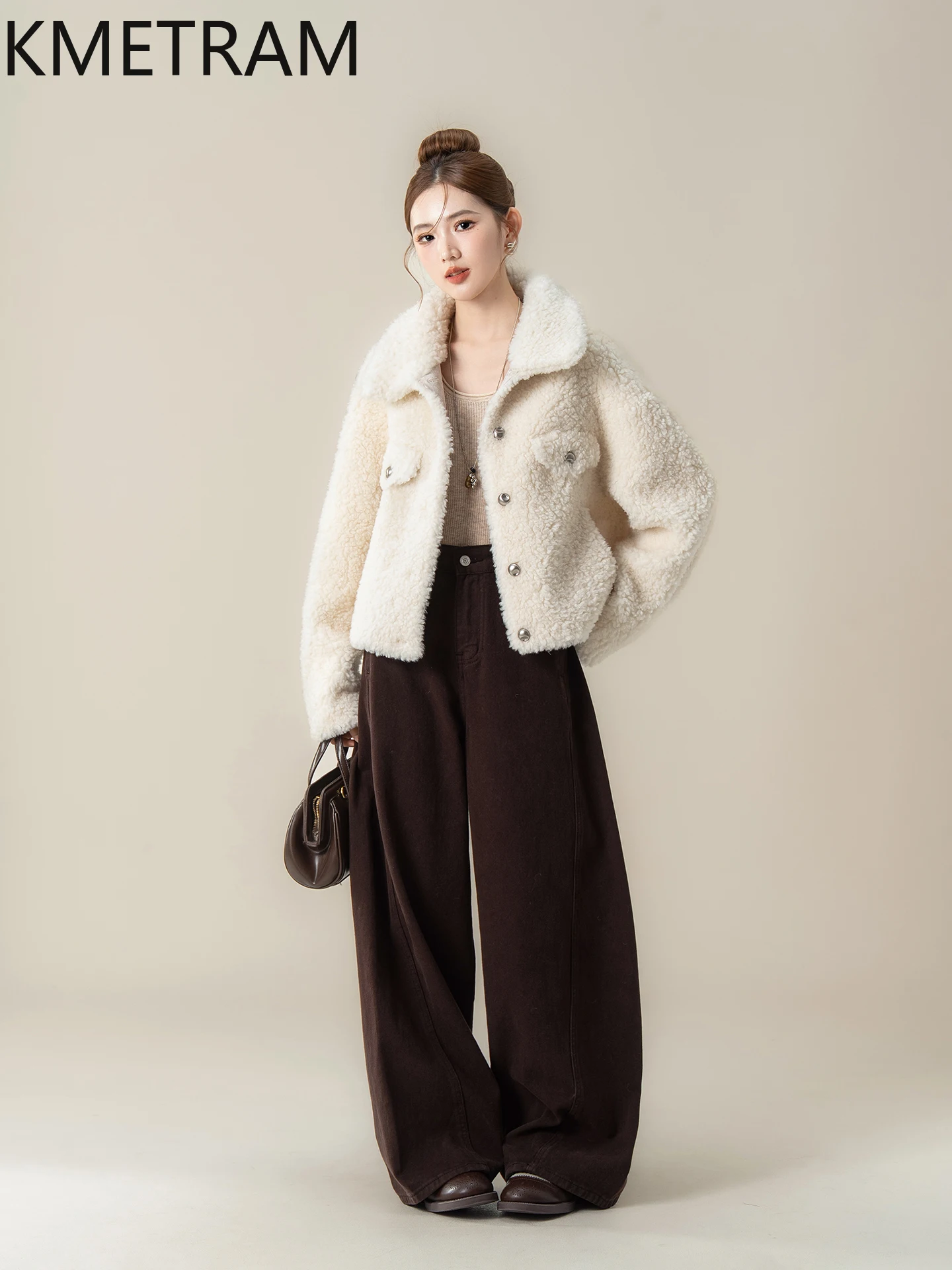 KMETRAME 100% Naturalna Wełna Jednolity Kolor Luksusowy Płaszcz z Futra w Stylu Casual na Sezon Jesień-Zima 2025 Nowości w Stylu płaszcze