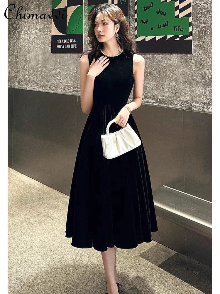 

French Elegant Celebrity Black Banquet Evening Dresses Crew Neck Sleeveless High Waist Slim A-line Temperament Long Dress Women