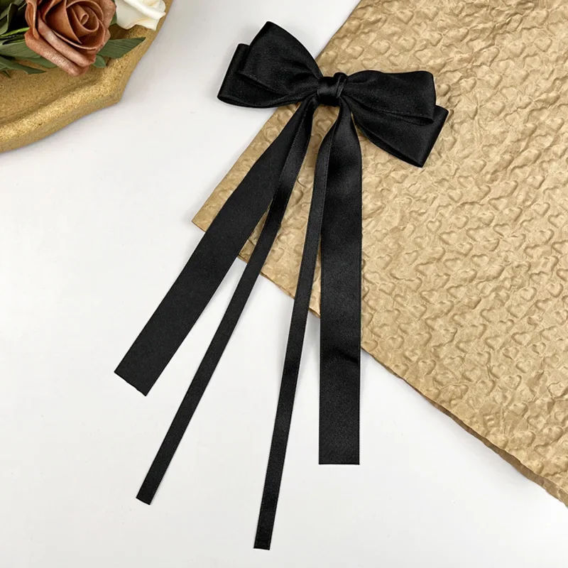 Korean Solid Color Ribbon Double Bowknot Hair Clips for Women Girls Trendy Big Bow Long Tassel Silver Barrettes Pin Accessories