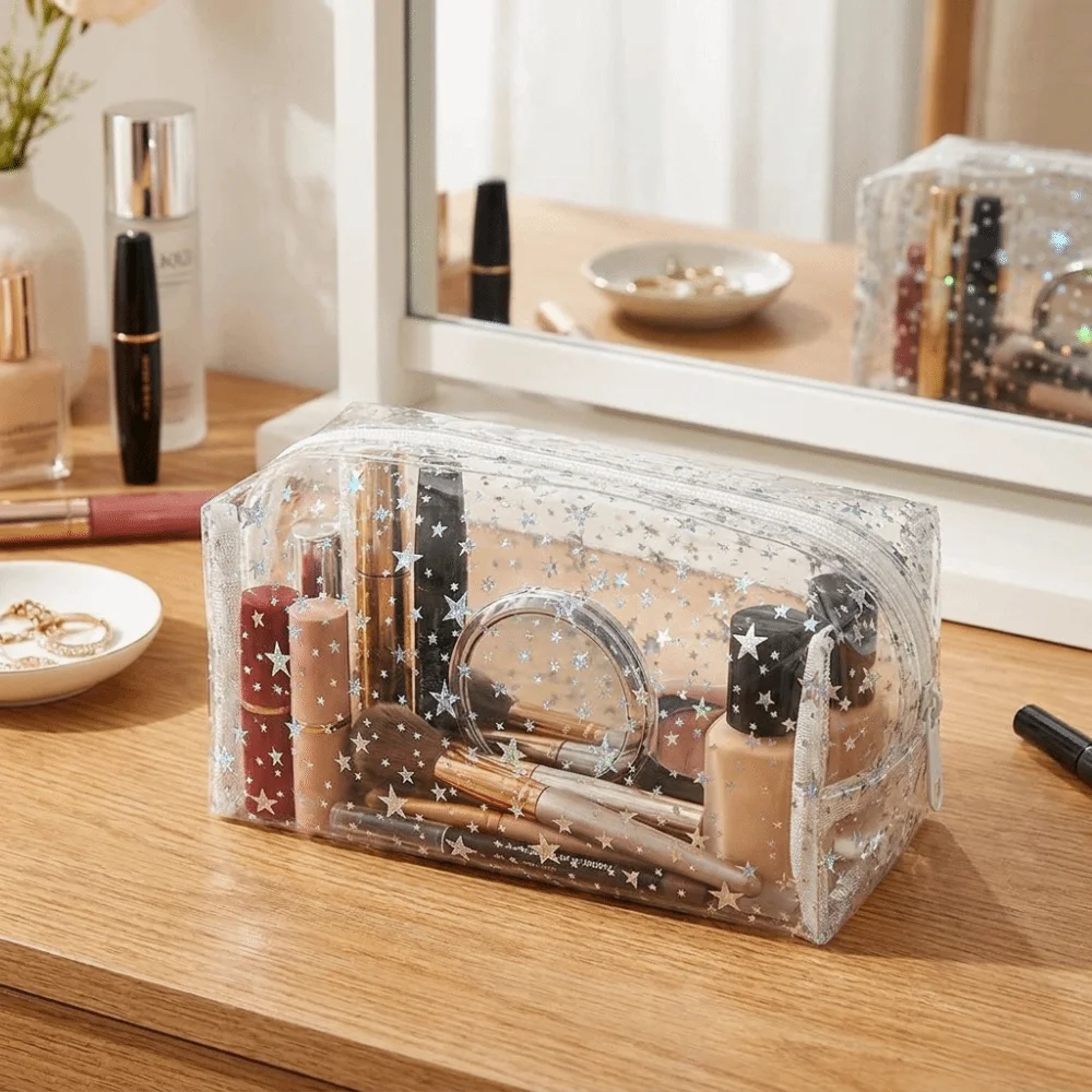 PVC Waterproof Transparent Makeup Bag Glitter Stars pattern Women's Washbag Smooth zipper Large capacity Clear Travel Sack