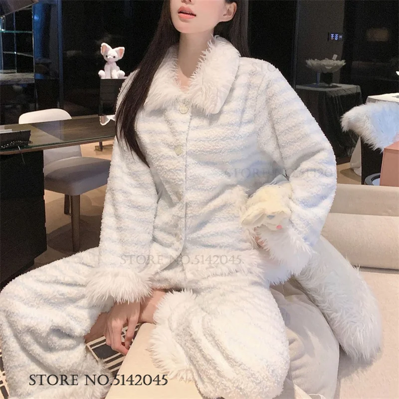 

Удобный плюшевый пижамный комплект из кораллового флиса, осенне-зимняя новая женская одежда для сна, брючные костюмы, милая милая домашняя одежда, одежда для дома