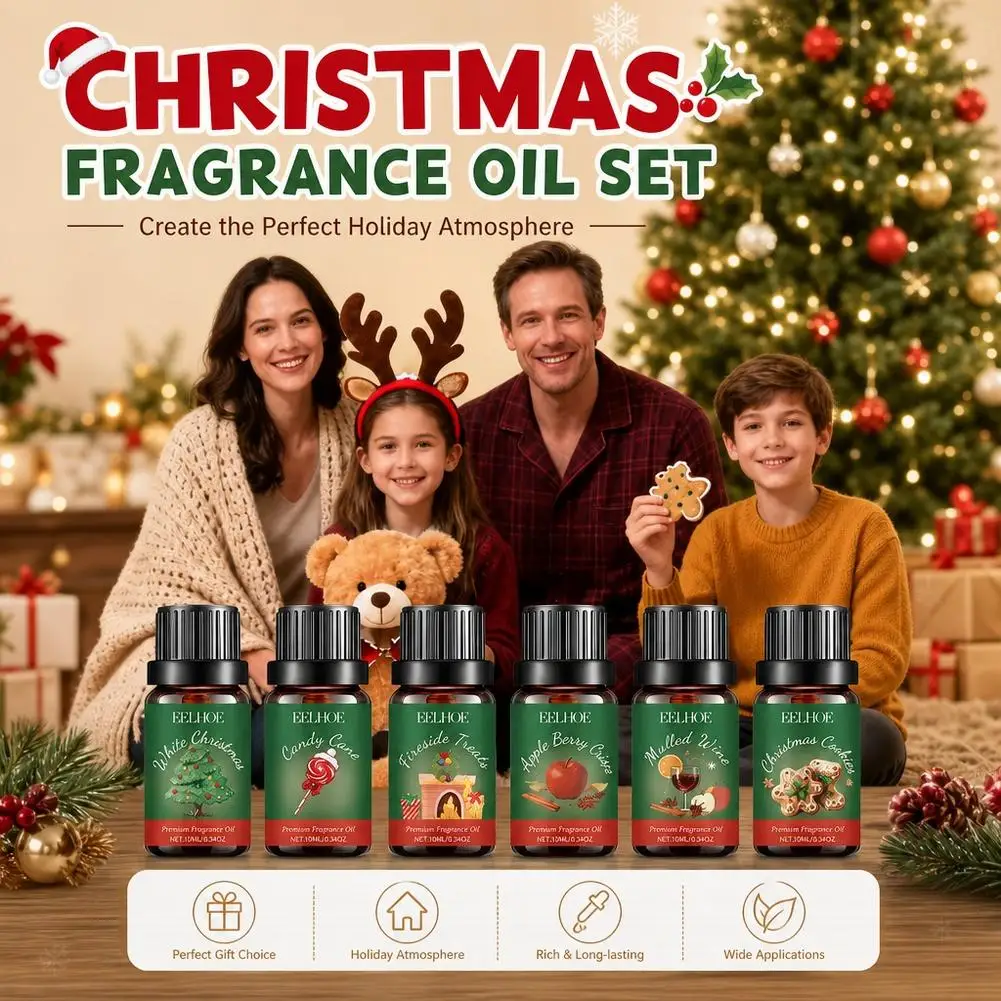 6pcs Christmas Fragrance Essential Oils Set 10ml Dark Amber Glass Bottles Winter Holiday Scented Oils in Gift Box for Home