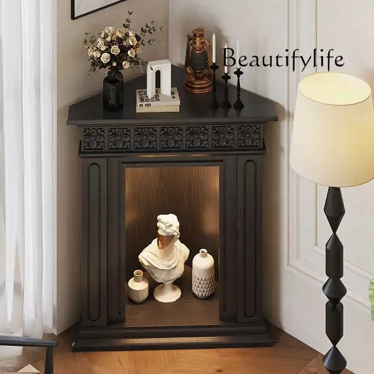 American home engraved black triangular entrance storage cabinet retro solid wood fireplace decorative cabinet living room
