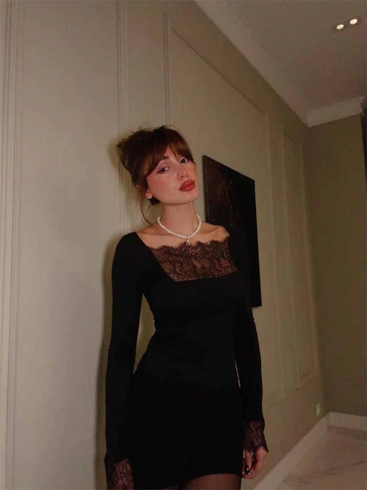 Tossy Zwart Kant Sexy Mini Jurk Vrouwen Doorzichtige Lange Mouw Patchwork Slanke Pendelen Feestjurk Vrouwelijke Zomer Bodycon Jurk