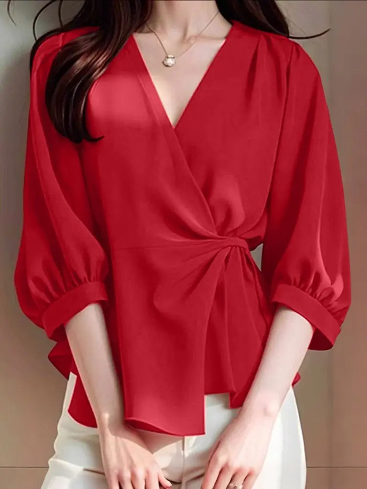 

ZANZEA Women Lace-Up Cardigan Autumn V Neck Tops 2025 Fashion Office Work Shirts Elegant 3/4 Sleeve Tunic Casual Loose Pullovers