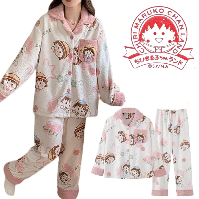 Chibi Maruko-chan Long-sleeved Plush Pyjama Set Warm Cartoon Cute Home Clothes Comfortable Can Be Worn Outside Holiday Gift Girl