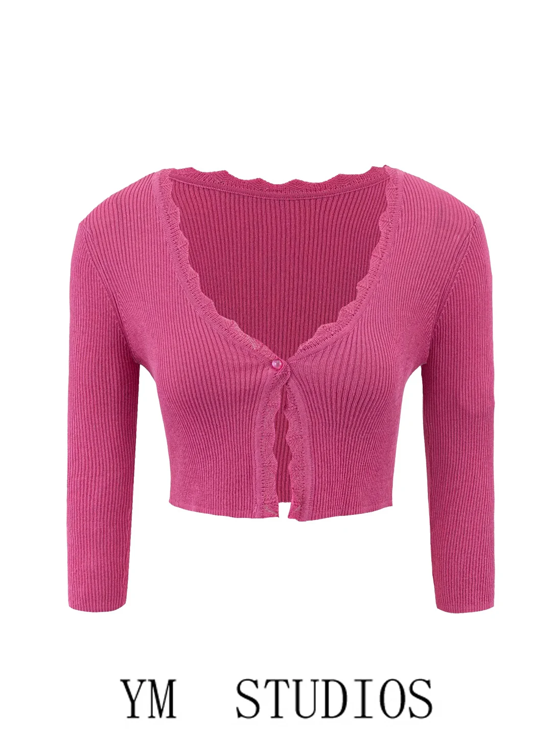 Sweet V-Neck One-Button Short Knitted Cardigan Women's Seven-Sleeve Outer Short Shawl Fashionable Slim Fit Medium Softness