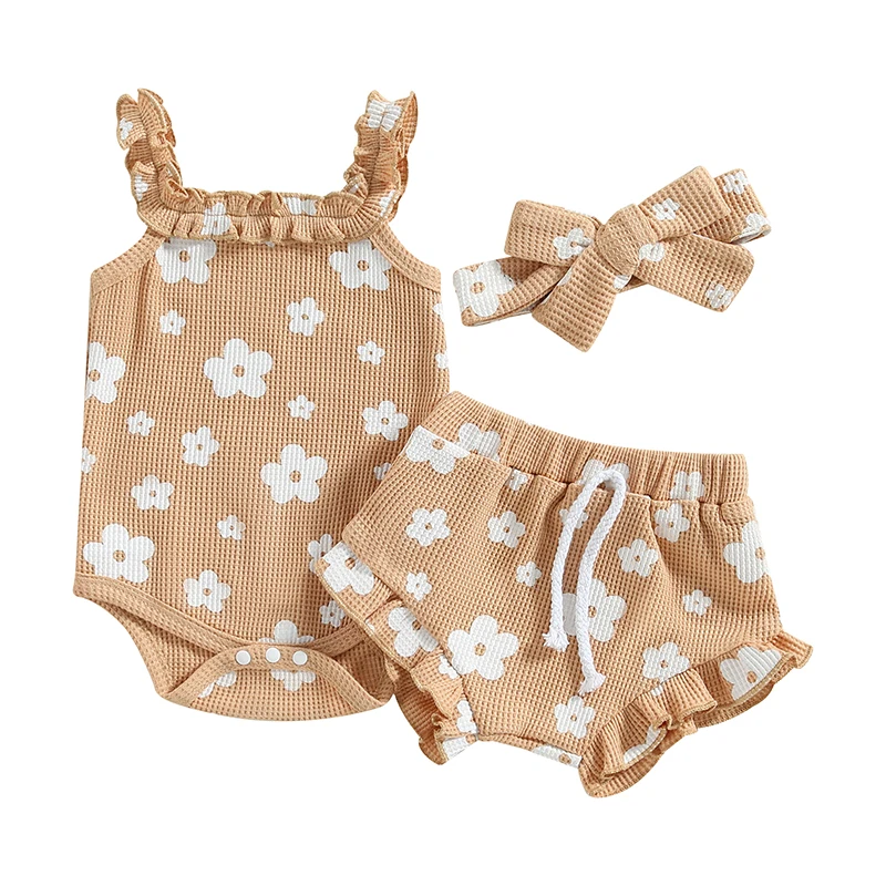 

Newborn Baby Girl Summer Clothes Outfit Floral Sleeveless Strap Romper Bodysuit Top Ruffle Bloomer Shorts Set