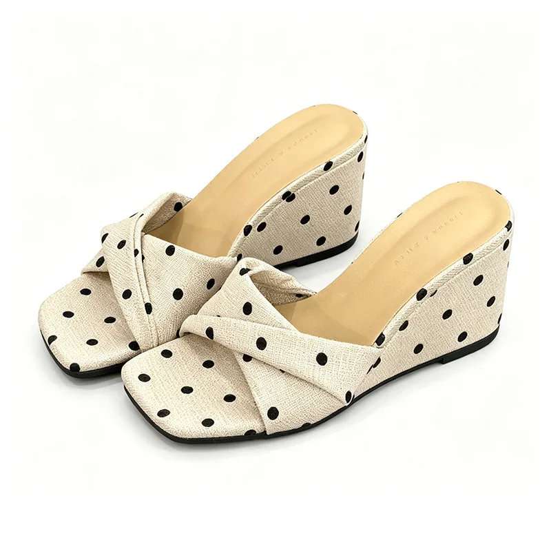 

Retro Polka Dot Wedge Mules Sandals Women Square Toe Crisscross Strap Slides Linen Texture Slip On Elegant Casual Summer Shoes