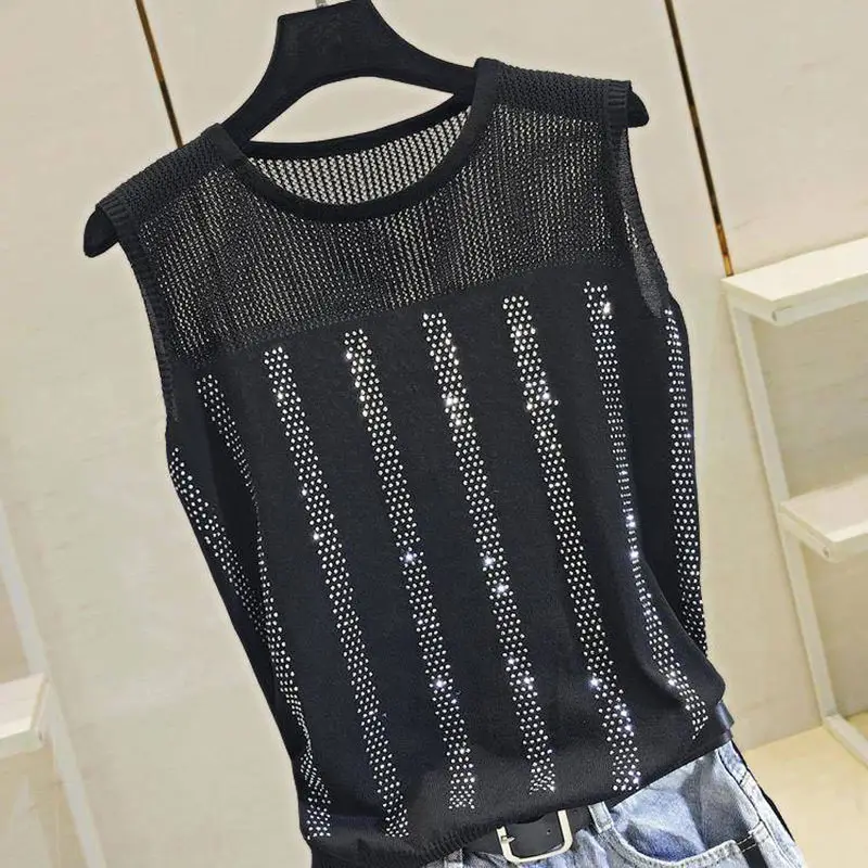 Summer Women Clothing Diamonds Tank Top Fashion Casual Round Neck Female Sleeveless Loose Thin Yellow Black White Knitted Vest