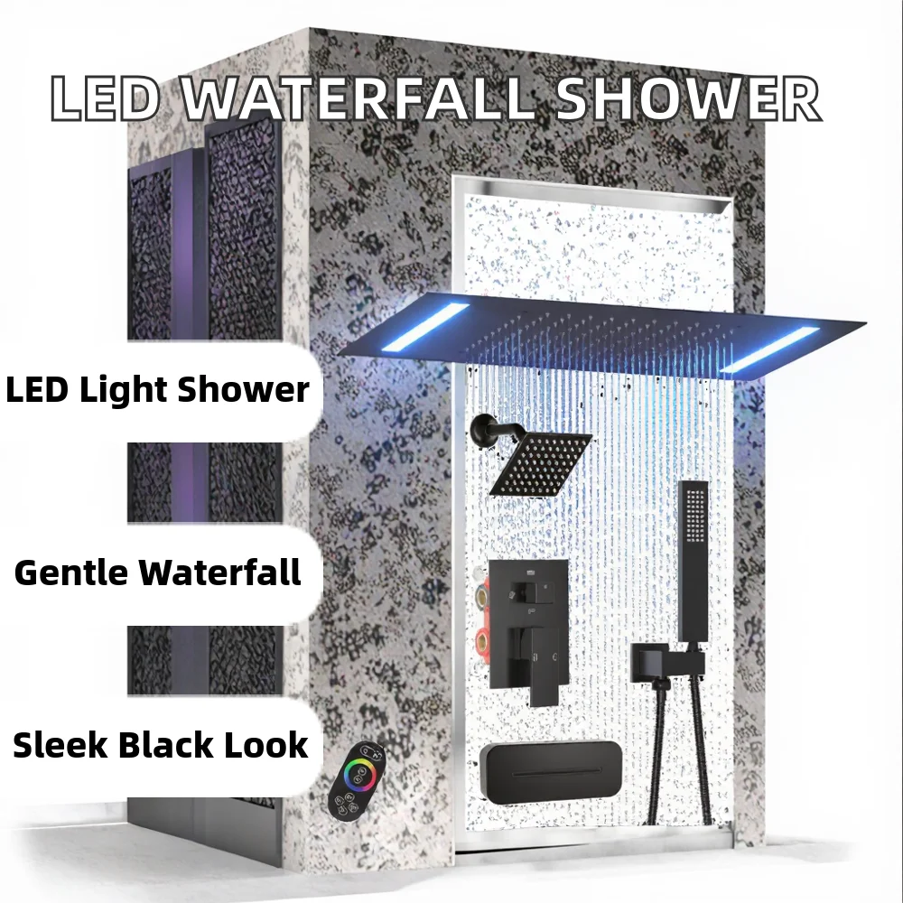 Luxury 14x20 Inch LED Shower Head 6 Inch UpDown Waterfall Wall Mount Bathtub System Matte Black Faucet Apartment Hotel Rain Soft