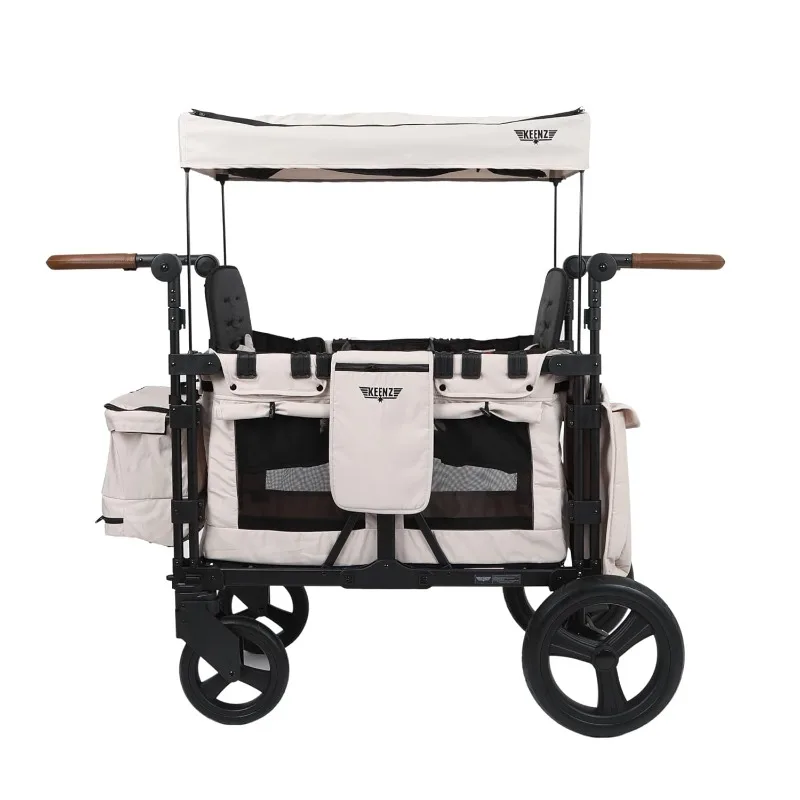 Luxury Comfort Stroller Wagon | Foldable 2 Passenger Double Seater with Adjustable Canopy | Cream