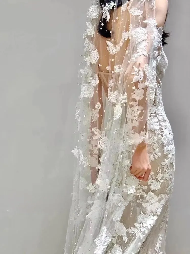 BOHO New Long Sleeve Wedding Dress For Women Robe Style Backless Mermaid Lace Flowers Court Train Bride Dress Vestido De Noiva