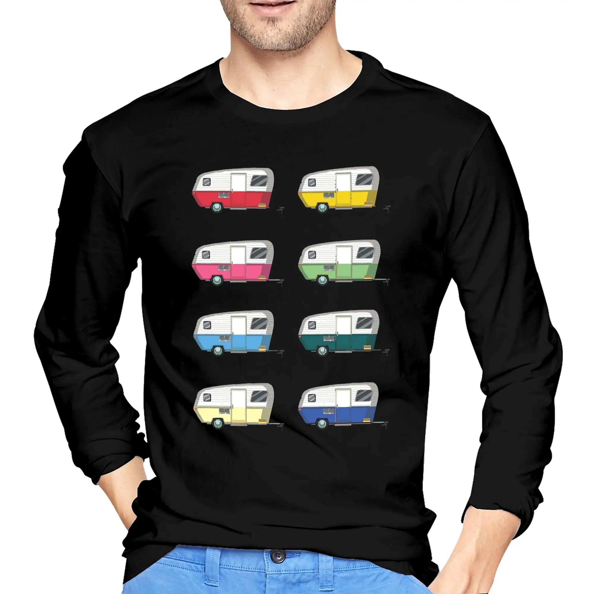 

Colourful Vintage Eriba Puck Caravan Daisy Men's Long Sleeved T-shirt Breathable Round Neck T shirts Spring and Autumn Men tops