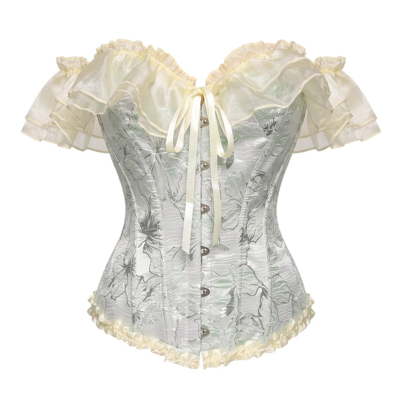 Women Off Shoulder French Corset Top - Vintage Palace Ruffle Lace Fishbone Shapewear Push‑Up Corsage Crop Top Outerwear