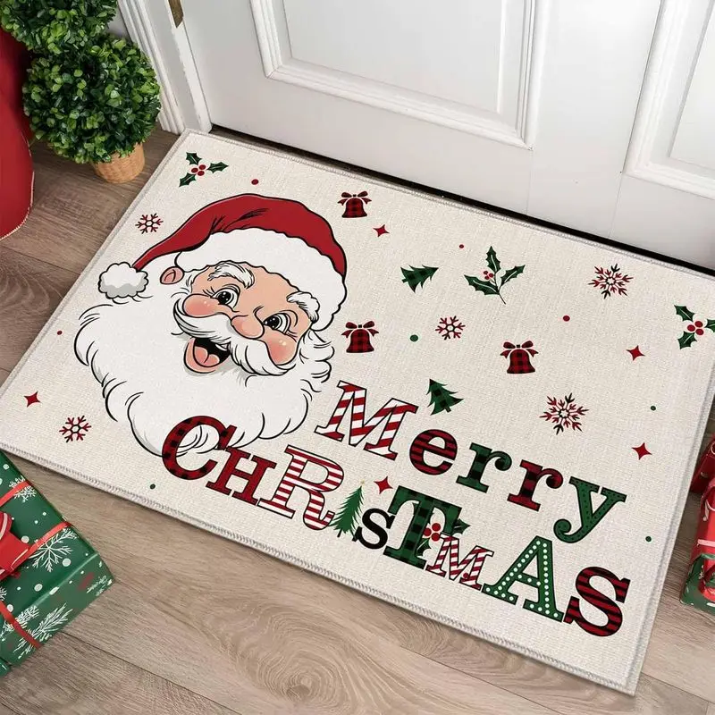 VIKAMA Christmas Door Mat Bell Xmas Tree Print Welcome Rug Non Slip Absorbent For Entryway Front Door Indoor Outdoor Decor