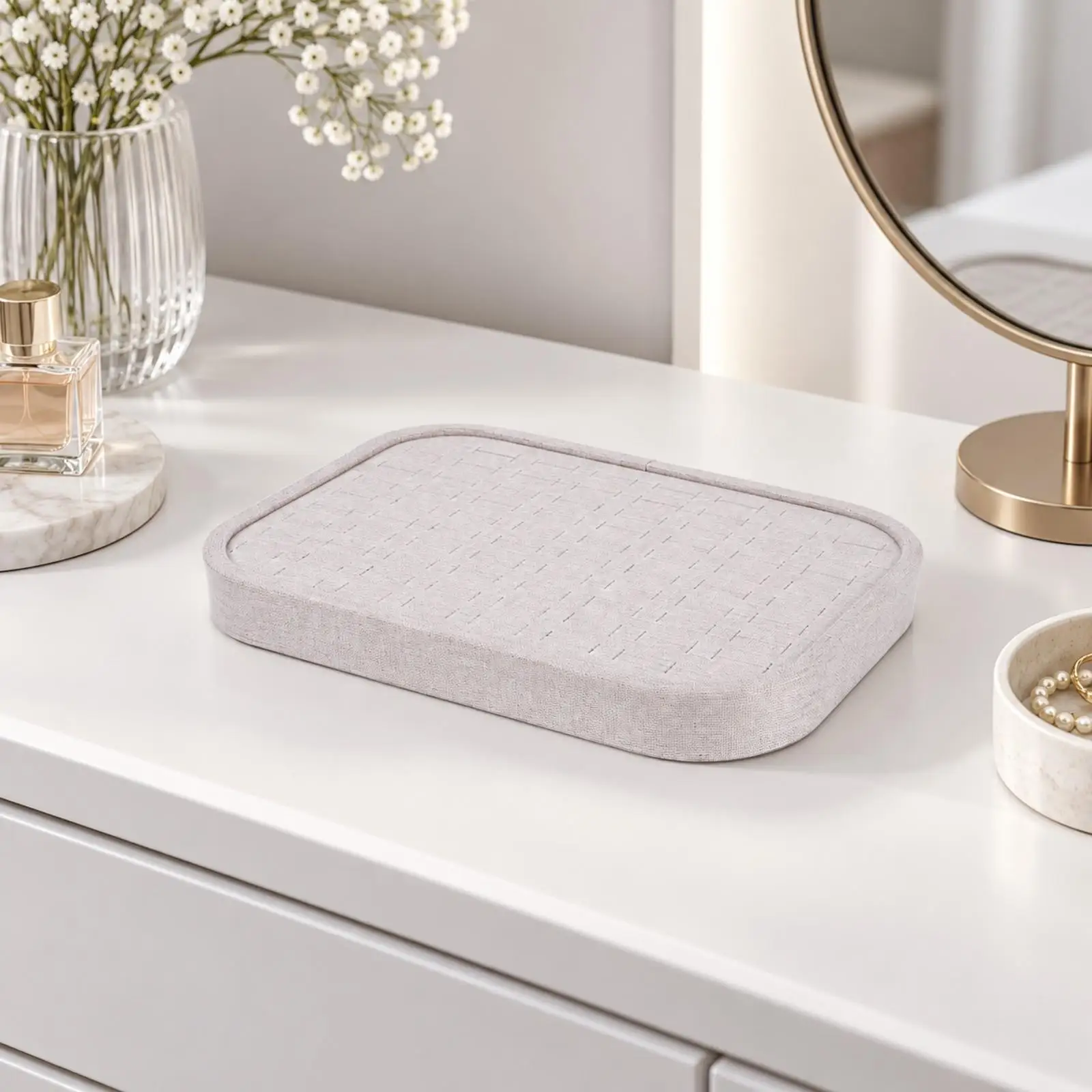 Linen Jewelry Tray Storage Box with Padded Interior Flat Display Surface Organizer for Small Jewelry Pieces for Retail