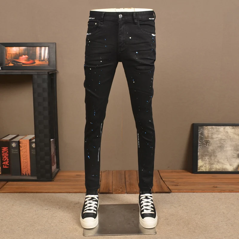 

High Street Fashion Men Jeans Black Stretch Skinny Fit Ripped Jeans Men Painted Designer Hip Hop Denim Pencil Pants Hombre