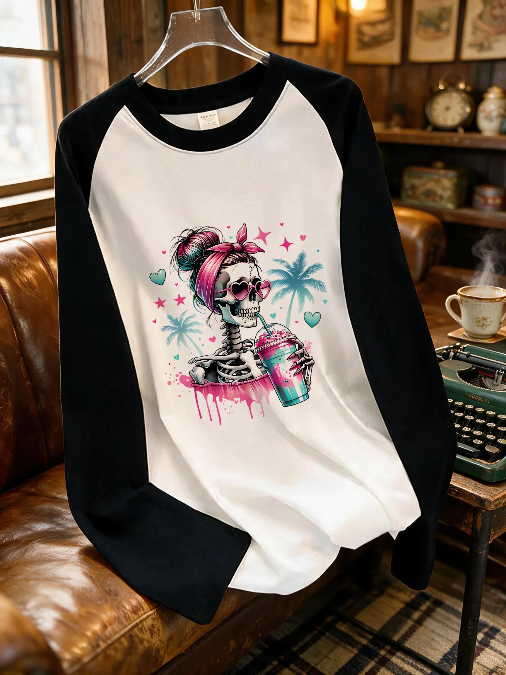 Day of The Dead Graphic Top Raglan Long Skeeve T Shirt Funny Skull Print Tshirt Outfit Women's Casual Y2k T-shirt Clothes Female