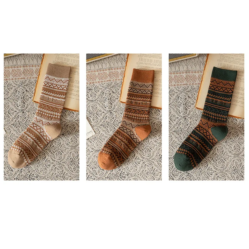 3Pairs Mid-Calf Cotton Socks for Women Autumn/Winter Ins Style Japanese Ethnic Wind Pile Socks Retro Thick Long Socks