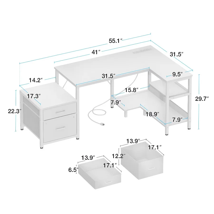 Casacomoda L Shaped Desk Power Outlets Large Computer Desk File Drawer Home Office Desk Printer Stand Storage Shelves Corner Des