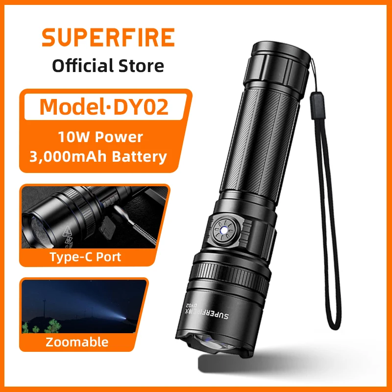 SUPERFIRE DY02 10W LED Zoomable Flashlight 450m Distance Type-C Rechargeable 3000mAh Torch for Camping Fishing Outdoor Lantern
