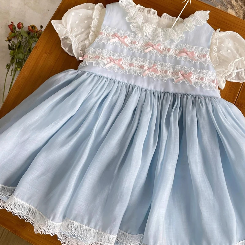 Baby Girl Blue Lolita Dress White Puff Inner Top Lace Pink Bow Decor Princess Dress Toddler Birthday Party Summer Outfit