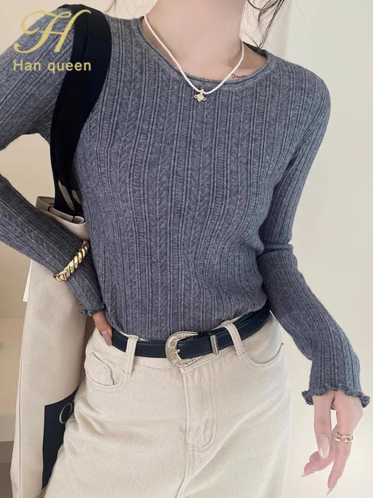 

H Han Queen Autumn Work Wear Fashion Bottoming Women's Clothing Korean Top Women Vintage Casual Long Sleeve Pullovers Sweaters