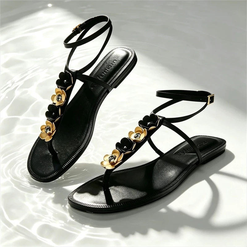 Sexy Metal Flower Decoration Flat Sandals Women Summer Fashion Clip Toe Ankle Strap Flip Flops Elegant Comfortable Beach Sandals