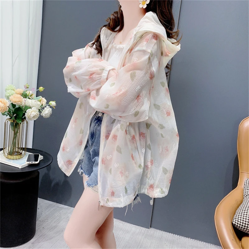 Pink White Zippered Cardigan Summer 2024 Lazy Style Print Design Hooded Sun Protection Long Sleeved Jacket For Women's