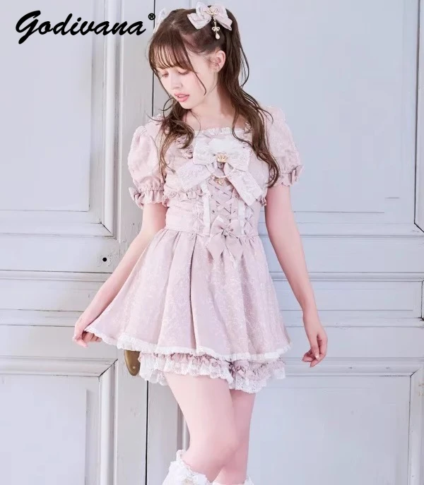 

2026 New Spring and Summer Japanese Liz Mass-Produced Sweet Lolita Jacquard Lace Short Sleeve Dress with Shorts Two Piece Sets