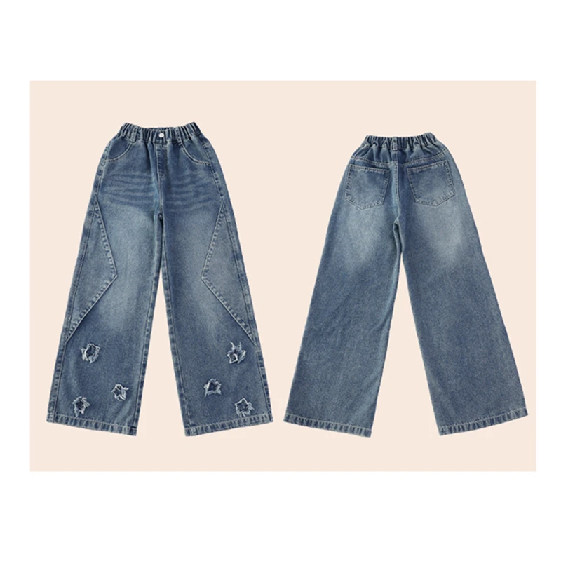 جينز أنيق فاخر للأطفال بأرجل مستقيمة مع نجوم للفتيات سراويل جينز عالية الشارع للأطفال سراويل جينز سوداء وزرقاء #6
