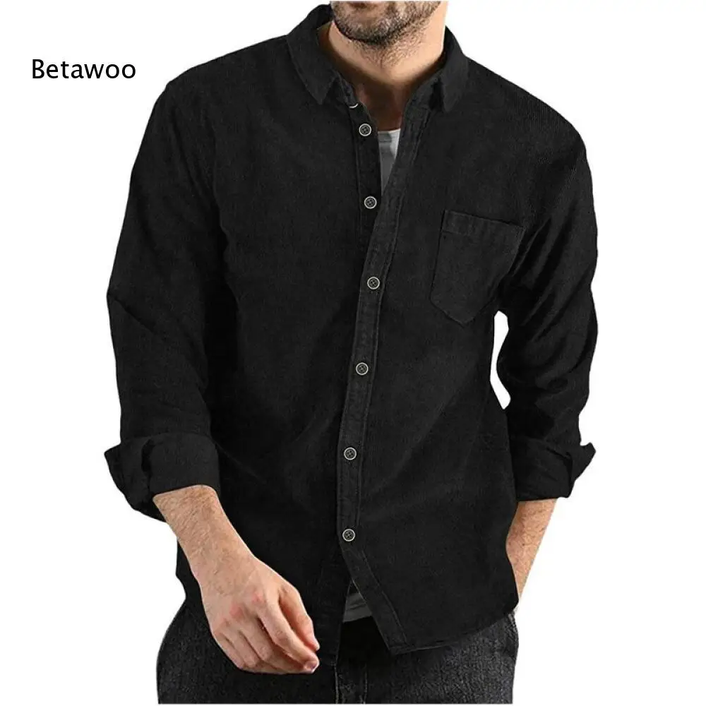 Men Corduroy Point Collar Long Sleeve Button Down Shirt Single Chest Pocket Loose Top For Autumn Daily Street Casual Wear