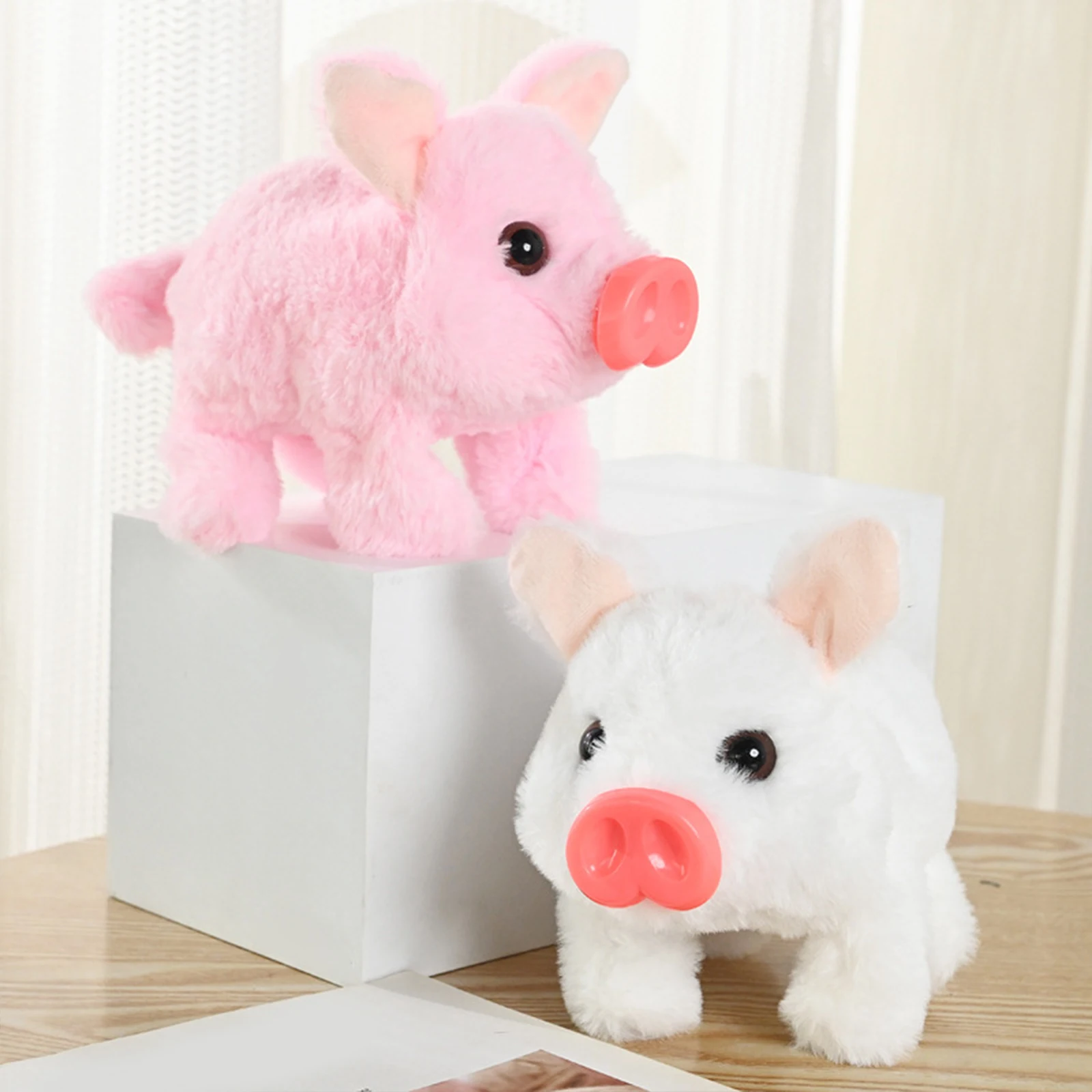 Interaktywna elektroniczna zabawka świnka z kiwającym się ogonem, mrugającym nosem i dźwiękami oink, elektryczna animowana chodząca świnka, miękka pluszowa zabawka.