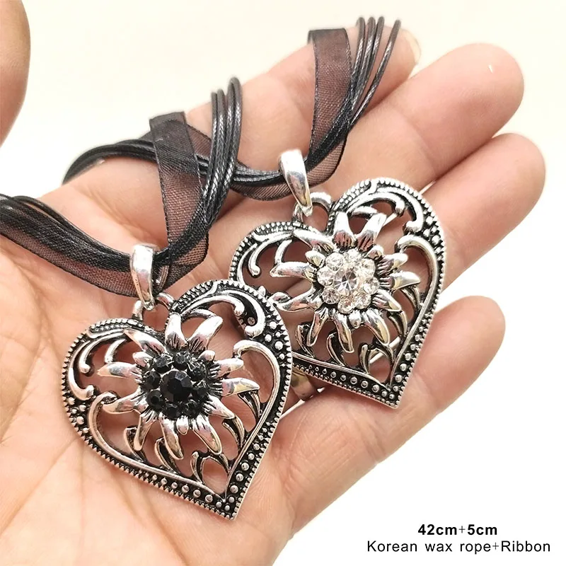 New Style Vintage Silver Color Heart-Shaped Edelweiss Necklaces Women Party Gifts Ribbon Pendants Dirndl Costume Jewelry