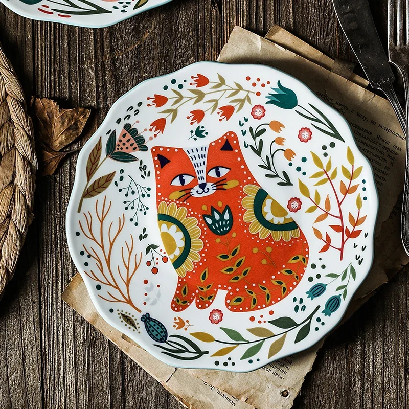 Creative 8inch Hand-painted Cat Dinner Plate Under-glazed Ceramic Dish Dessert Tray Flower Kitten Microwave Dinnerware YHJ021201