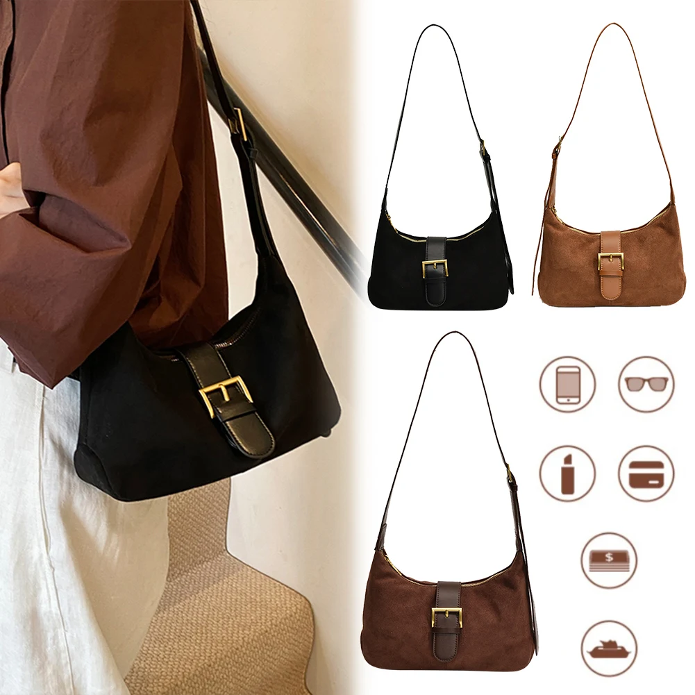 حقيبة كتف نسائية من جلد الغزال بحزام قابل للتعديل حقيبة كروس على شكل هلال حقيبة بمقبض علوي للسفر في العمل #1