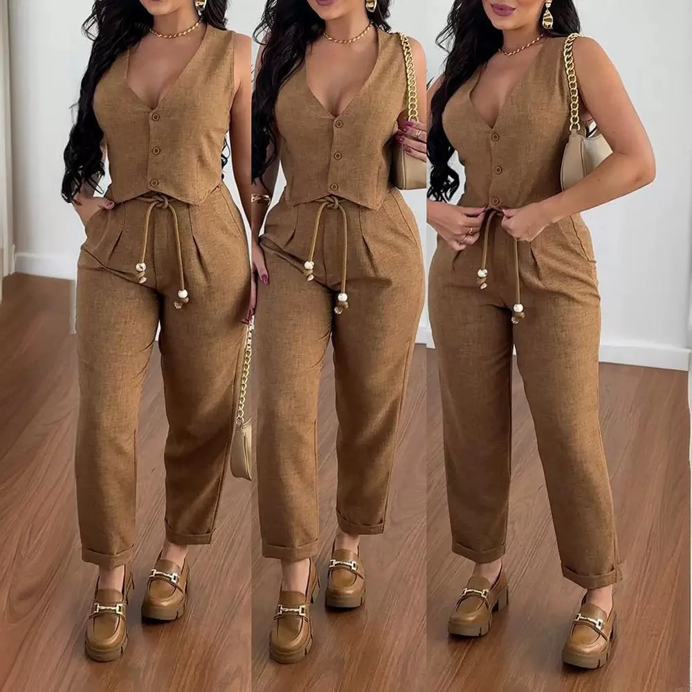 

V-Neck Buttoned Vest Top & Pocket Design Tied Detail Pants Set Women 2pcs Clothes Set Sleeveless Tank High Waist Pants