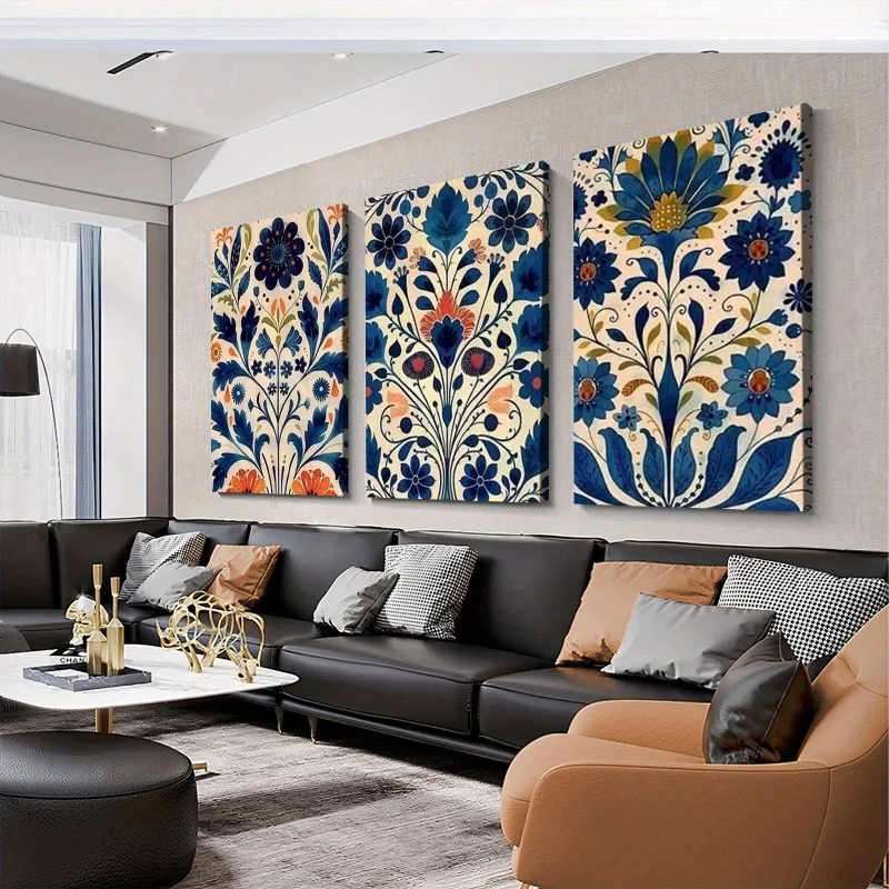 3pcs frameless Canvas Painting Retro Scandinavian Art Floral Canvas Print Nordic Norwegian Folk Wall Art Posters for Modern Livi