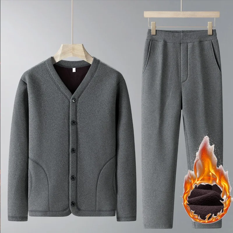 

Men's Autumn and Winter Solid Color Button Long Sleeve Cardigan Jacket Elastic High Waist Fashion Casual Pants Suit