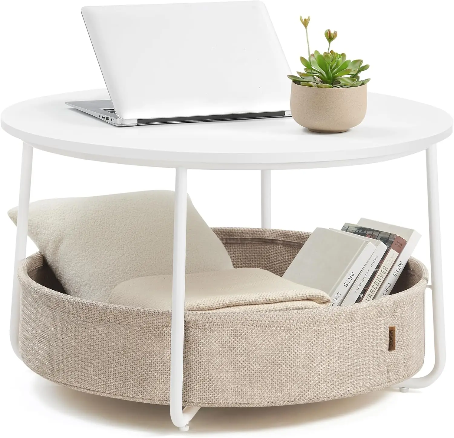 

Coffee Table with Storage, Round Center Table for Living Room with Fabric Basket, Modern Style, Metal Frame