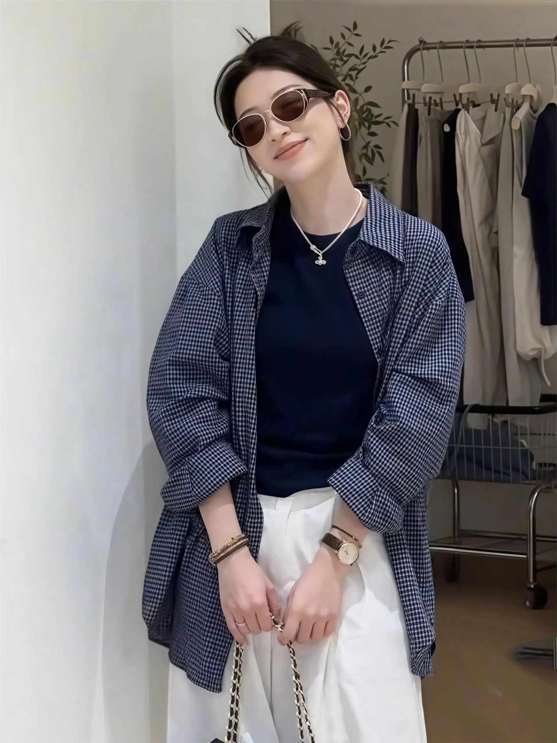 

Retro Korean Style Women's Plaid Shirt And Vest Set Casual Loose Fit Sleeveless Autumn Fashion Two-Piece Ensemble