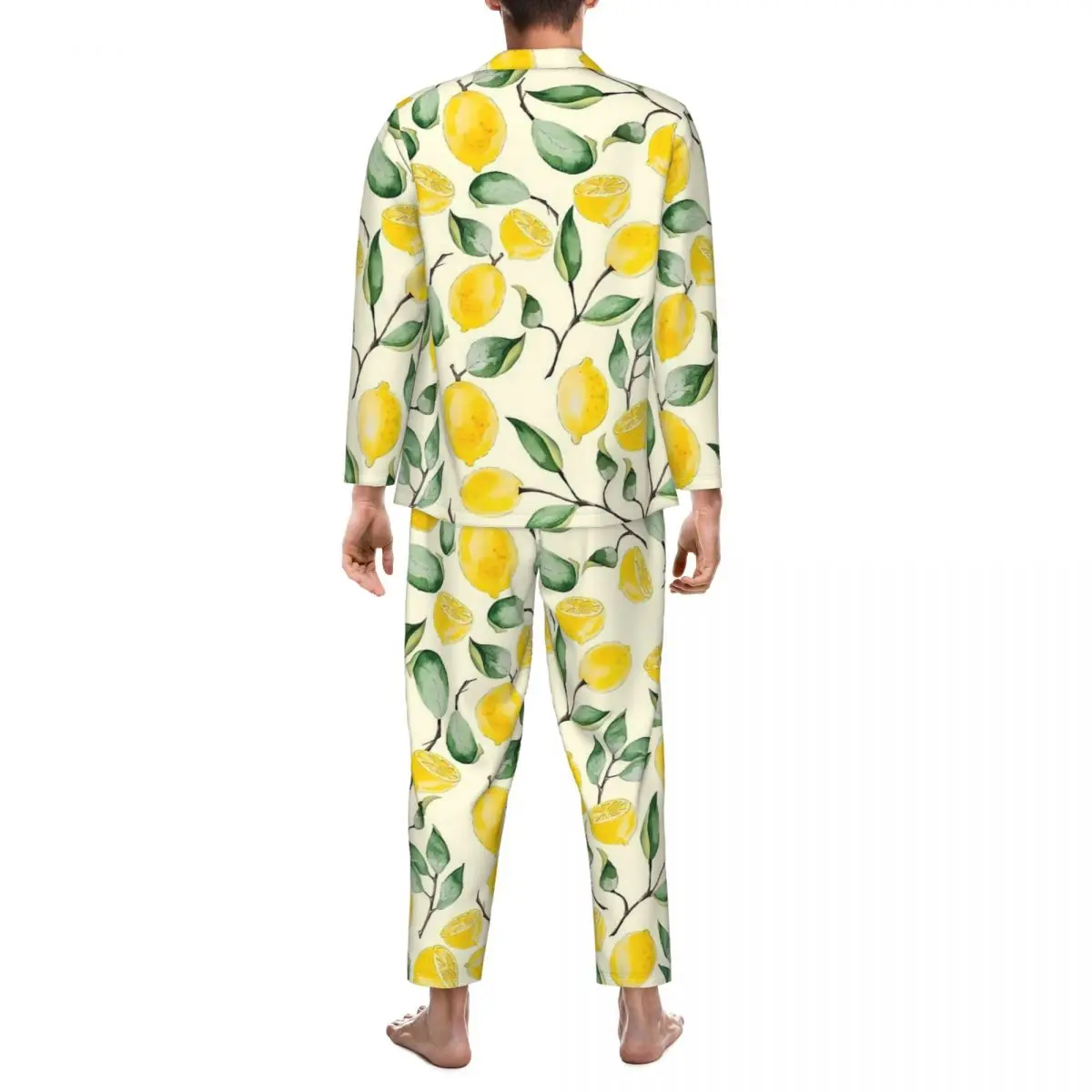 Pajamas Man Fruit Print Daily Sleepwear Watercolor Lemon 2 Pieces Loose Pajama Set Long Sleeve Cute Soft Oversized Home Suit